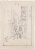 KT 1690
<br/>
Oosters straattafereel met twee ruiters te paard; omkaderd
<br/>
<em>Famars Testas, Willem de (1834-1896)</em>